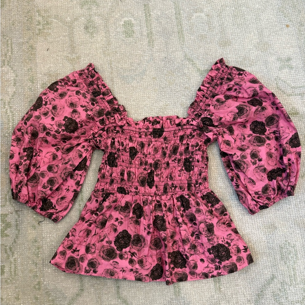 Ganni Pink and Black Floral Top